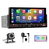 Junsun 6.86 Pulgadas 1 DIN Radio Coche Universal con Pantalla Táctil, con CarPlay/AndroidAuto/Admite Carga Type-C/USB/Micrófono/FM/EQ/GPS/Bluetooth 5.0/USB/SWC y Cámara Trasera con Cable 6M