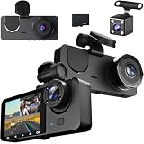 Cámara para Coche 1080P con Cámaras Frontal, Trasera e Interior, Tarjeta SD de 32 GB, Vigilancia de Aparcamiento, Visión Nocturna por Infrarrojos, Sensor G y Grabación en Bucle (Versión Estándar)