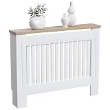 Vida Designs Arlington Cubierta de radiador Blanco - Mediano - Estilo Shaker Moderno con Lamas Verticales para Mejor circulación del Calor - H83.3xW111xD19cm - MDF Pintado con repisa de Madera