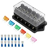 Caja Fusibles 12V 6 Vías con Cuchilla para Coche, con 6 Fusibles y Tapa | 6 Vías Portafusibles con 13 x Terminales, Incluye Fusible-Plano ATC/ATO 3A/5A/10A/15A/20A/30A, para Coche Barco Camper Camión