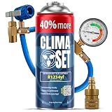 ClimaSet Recambio gas R1234yf con manguera y adaptador manometro – Kit recarga aire acondicionado coche 1x235 g - Sustituto del refrigerante - Gas aire acondicionado coche - ECO