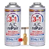 A/C rePair Recarga Aire Acondicionado Coche 3 en 1 Compatible R134a/R12 hasta 2016 – Sustituto Refrigerante con Sellador y Lubricante 400ml (2 ENVASE + LLAVE)