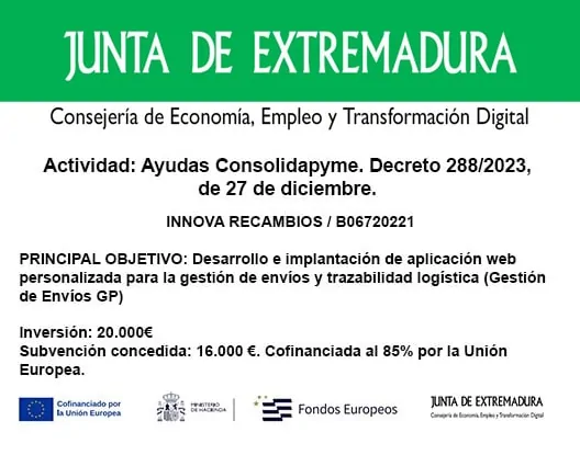 Ayuda Consolidapyme de la Junta de Extremadura concedida a Innova Recambios y cofinanciada por la Unión Europea